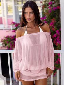 Bonvoyette Women's Sexy Sheer Batwing Sleeve Loose Beach Vacation Dress, Suitable For Spring, Summer And Autumn - Baby Pink - View 8