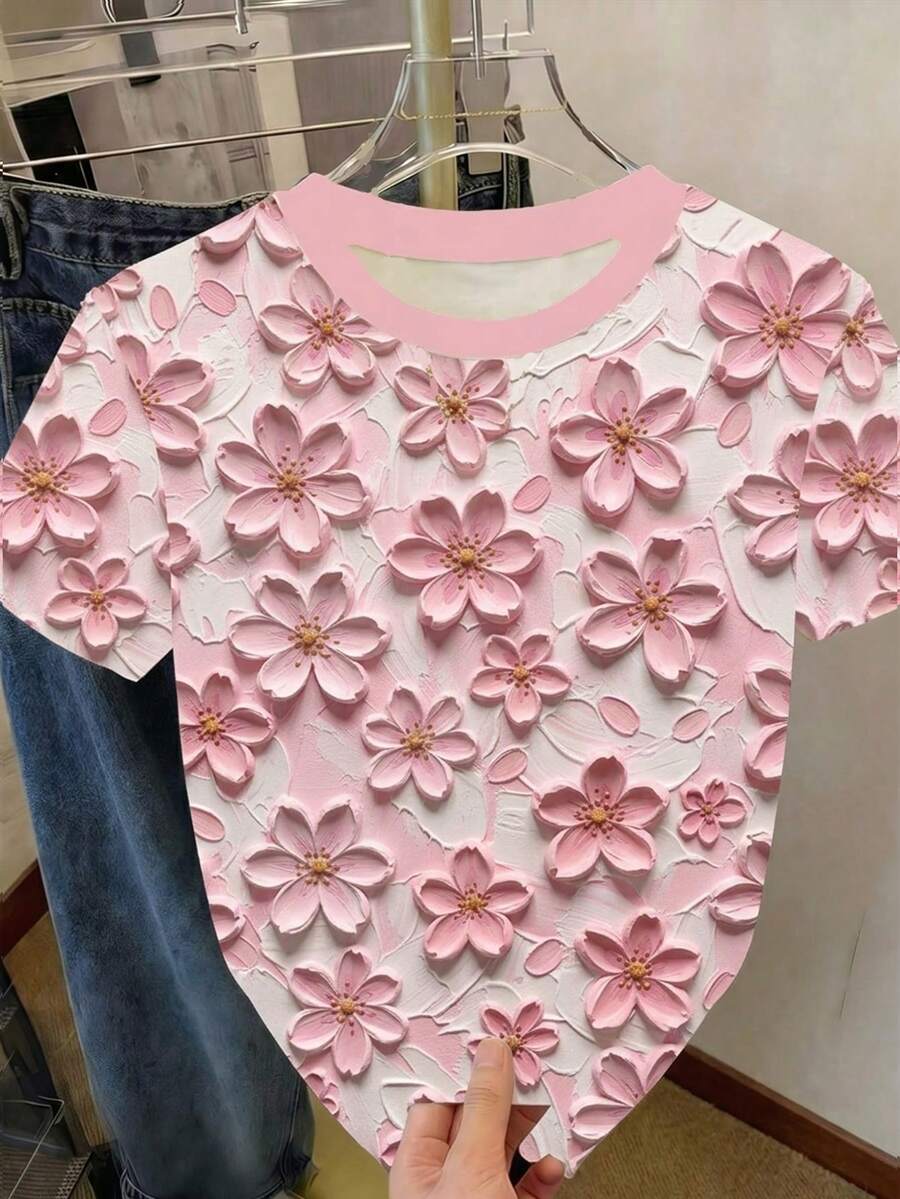 SHEIN Essnce 女士休闲简约圆领短袖宽松T恤,适合夏季穿着 - 彩色 - 查看 1