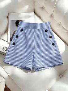 Elenzga Striped Button Decor Elegant Romantic Commute Minimalist Shorts Vacation Blue And White Stripe Summer - Blue and White - View 4