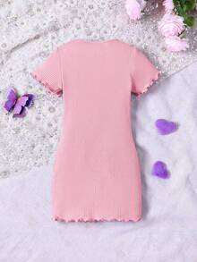 Tween Girl Basic Casual Spring/Summer Knit Round Neck Fitted Butterfly Applique Dress - Pink - View 5