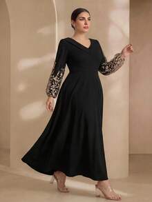 Graceveil Elegant Solid Color Patchwork Mesh Embroidered Off-Shoulder Long Sleeve Cinched Waist A-Line Plus Size Dress, Spring/Autumn Black - View 3