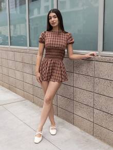 Andrea Bello Y2K 性感復古格紋度假亞文化學院風洋裝 優雅夏季 - 咖啡 - 查看 5