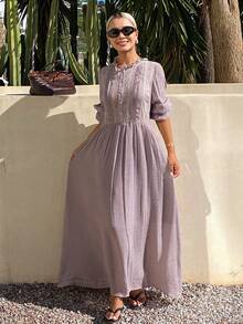 Livesso Women's Contrast Lace Button Half-Placket Long Sleeve Midi Dress - Purple - View 5