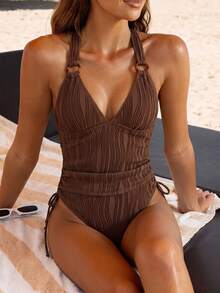 Bonvoyette Conjunto de tankini de 2 piezas con cuello en V, cintura fruncida con cordón y lazos laterales, en tela con textura ondulada y efecto tie-dye marrón, estilo para mujeres maduras, para primavera/verano - Café integral - Ver 5