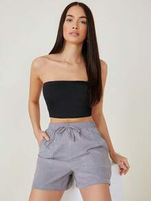 SHEIN BASICS 女士纯色舒适透气休闲简约设计短款露脐抹胸上衣，夏季 - 彩色 - 查看 5