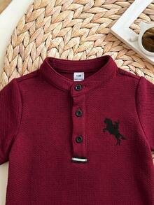 Newborn Baby Boy Cute Collegiate Style Knit Red Short Sleeve Top And Elastic Waist Shorts Set - Burgundy - View 7