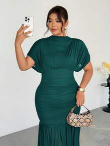 Firerie Plus Size Women's Elegant Dark Green Autumn Wedding Guest Dress,Delicate Sheer Mesh 2 In 1 Charming Extra Long Maxi Party Dress - Green - View 4