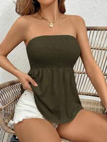 SHEIN Essnce Women's Solid Color Pleated Casual Versatile Daily Wear Tube Top - Army Green - View 6