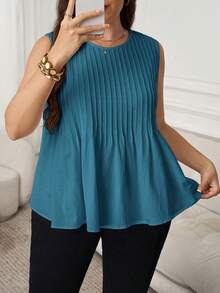SHEIN LUNE Plus Size Summer Casual Solid Color Round Neck Textured Tank Top - Blue - View 7