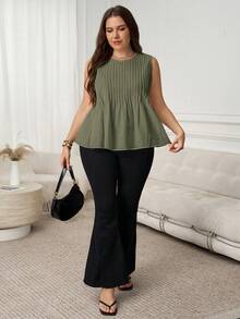SHEIN LUNE Áo tank top không tay cổ tròn màu trơn, cỡ lớn, kiểu dáng thường ngày - xanh quân đội - Xem 5