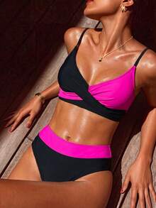 SHEIN Swim Bộ đồ bơi bikini gợi cảm hở lưng màu tương phản đi biển mùa xuân cho nữ - Nhiều màu - Xem 3