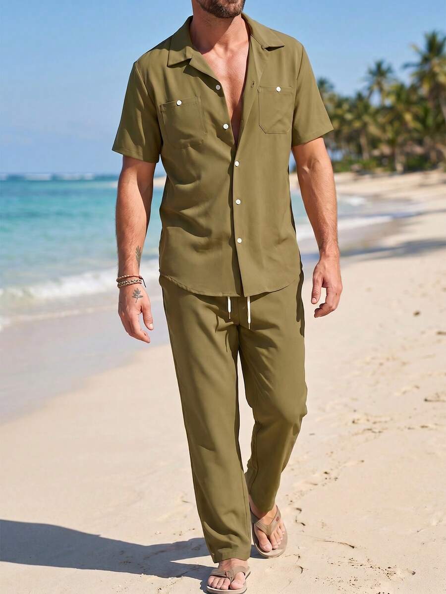 VENTUSAIL 2pcs Men's Casual Short Sleeve Shirt & Pants Set, Holiday - Army Green - View 1