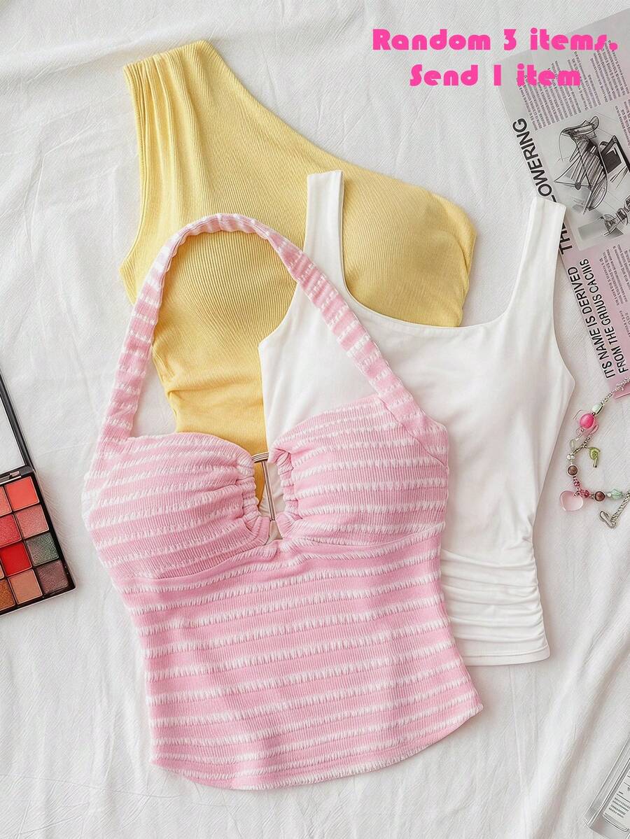 SHEIN 少女夏季新款粉色纹理条纹前金属扣装饰吊带背心 - 粉色 - 查看 1