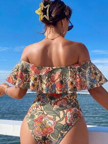 Swim Lushoire Spring/Summer Leopard Print Ruffle Off-Shoulder Women's One-Piece Swimsuit With Side Drawstring, Festival Boho - Multicolor - View 2
