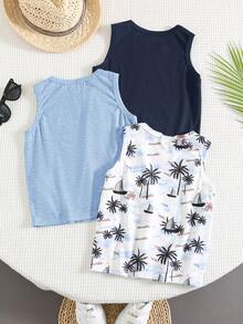 Bộ 3 áo tank top dệt kim dáng rộng không tay in họa tiết cây cọ phong cách thường ngày đi nghỉ cho bé trai tuổi teen, phù hợp đi học, đi chơi, mùa xuân & mùa hè - Màu xanh hải quân - Xem 2