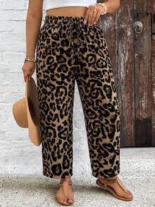 SHEIN Tall CURVE Plus Size Women Leopard Print Loose Casual Pants,Beige Summer Boho Beach Holiday Drawstring Waistband Striped Fashion Elegant Vacation Y2K Outing - Brown - View 4