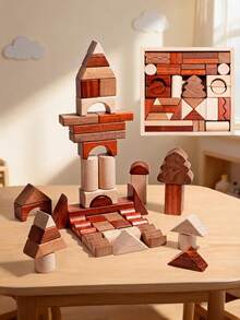 MINKOJA Wooden Original Color Creative Building Blocks Set, 43PCS Large Particles, Shape Recognition, Creative Building Toy, Kids Educational Montessori Early Learning STEM Toy With Wooden Storage Box - Multicolor - View 2