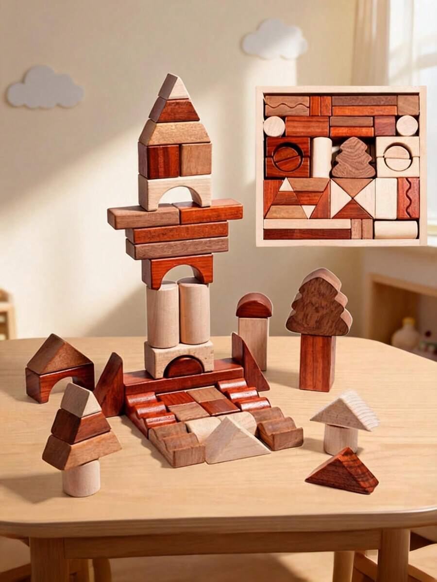 MINKOJA Wooden Original Color Creative Building Blocks Set, 43PCS Large Particles, Shape Recognition, Creative Building Toy, Kids Educational Montessori Early Learning STEM Toy With Wooden Storage Box