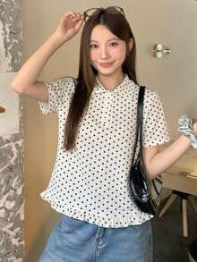 DAZY 女款波點印花翻領清新韓風襯衫 夏季 - 杏色 - 查看 6
