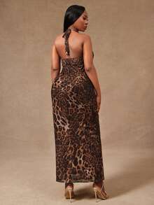 Radiana Plus Size Women's Brown Elegant Summer Leopard Print Halter Tie Bodycon Ruched Metal Decor Dress For Night Out Club,Prom Gathering Banquet Party - Multicolor - View 2