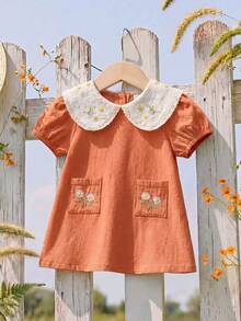 Vintaside Kids 新生女嬰花卉刺繡洋裝，鄉村風時尚優雅百搭可愛，春夏款柔軟面料 - 卡其色 - View 3