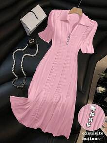 Franclia Women's Blush Pink,Autumn,Elegant,Formal,Wedding Polo Collar Short Sleeve Floral Button Ribbed Slim Fit French Retro Commute Plus Size Sweater Dress - Pink - View 1