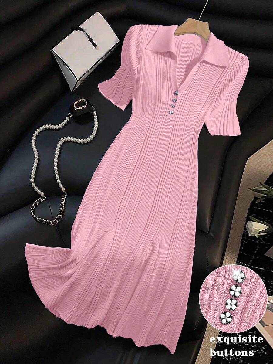Franclia Women's Blush Pink,Autumn,Elegant,Formal,Wedding Polo Collar Short Sleeve Floral Button Ribbed Slim Fit French Retro Commute Plus Size Sweater Dress - Pink - View 1