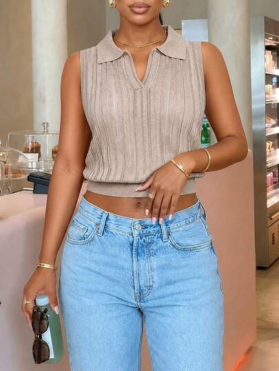 Mistrie This Women's Casual, Solid-Colored Sleeveless Knit Top Features A Fold-Over Collar And Ribbed Detailing. With Its Simple Yet Stylish Aesthetic, It Is Suitable For Both Daily Wear And Various Outdoor Activities, Making It A Versatile Choice For All Four Seasons.