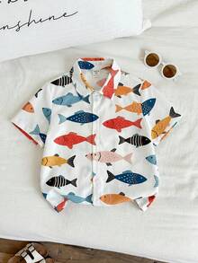 Young Boy Casual Minimalist Cartoon Pattern Collared Cardigan Shirt, Suitable For Summer - Multicolor - View 7