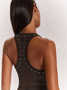SHEIN BAE Black Metal Studded Eyelet Racerback Tank Top,Silver Sequin,Summer,Boyish,Music Festival,Casual Western Road Trip Outings,Clubs,Parties,Carnivals Tops - Coffee Brown - View 6