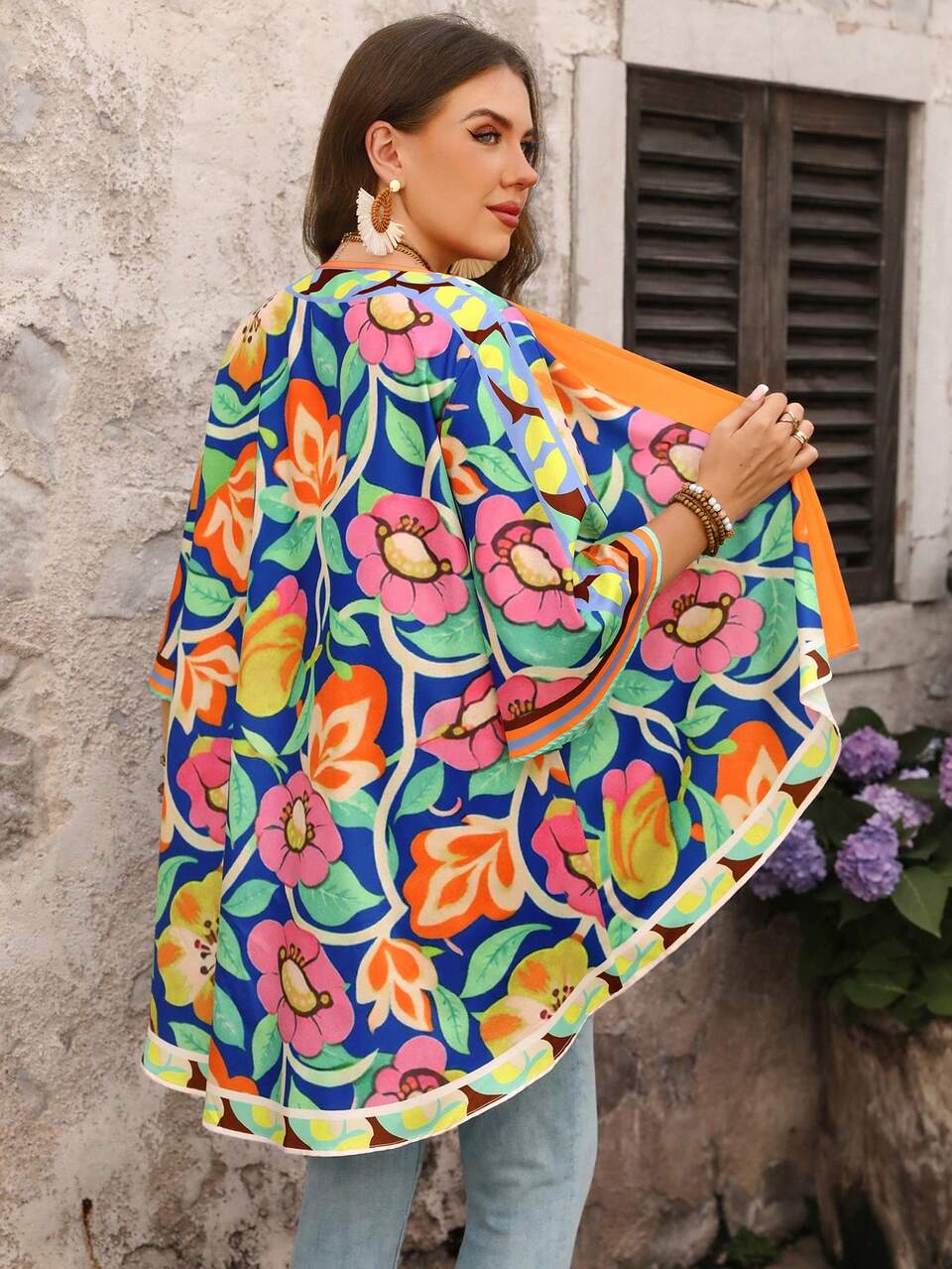 Plus Size Elegant Asymmetrical Hem Front Open Lightweight Summer Jacket,Midnight Blue,Tropical,Formal,Holiday,Simple Fashionable Outfits For Women