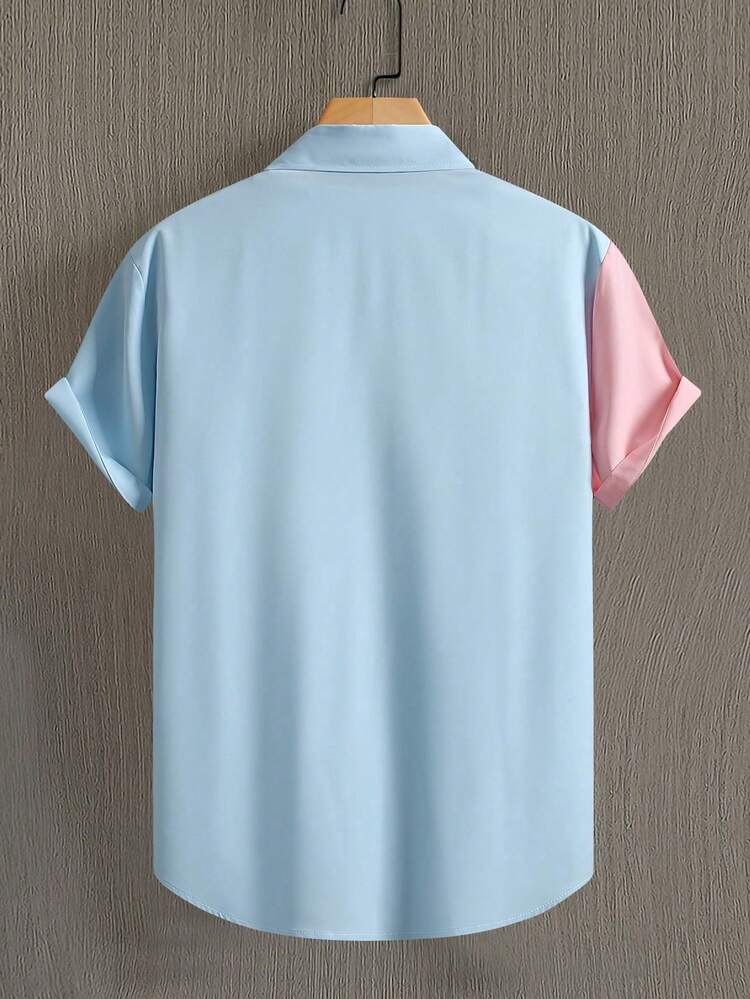 Manfinity Homme Plus Size Men's Contrast Color Short Sleeve Single-Breasted Casual Shirt - Multicolor - View 2