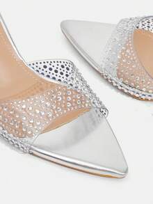 CUCCOO TILAWA Moda para mujeres, sandalias de tacón alto para mujeres, plateadas, material de TPU con pedrería, puntiagudas, para ir al trabajo, cómodas, para interiores, oficina, calle, fiesta, viajes, vacaciones, primavera y verano, adecuadas para vestidos, jeans, shorts, pantuflas de tacón de aguja - Plateado - Ver 7