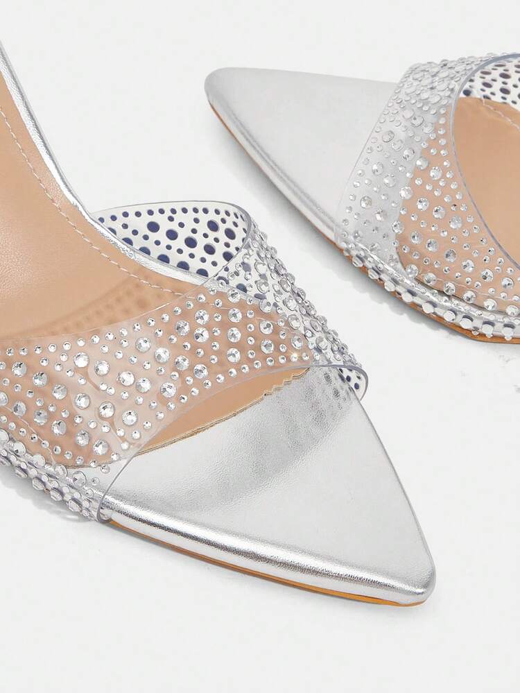 CUCCOO TILAWA Women's Fashion, Women's High-Heeled Sandals, Silver, Rhinestone TPU Material, Pointed, Commuting, Comfort, Indoor, Office, Street, Party, Travel, Vacation, Spring And Summer, Suitable For Dresses, Jeans, Shorts, Stiletto Slippers
