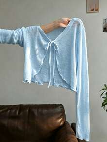 Resyla Women's Solid Color Lace-Up Casual Versatile Daily Wear Long Sleeve Top - Baby Blue - View 3
