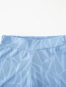 两件套女童柔软网纱针织露背无袖上衣和高腰弹力紧身短裤套装，适合运动健身，夏季服装 - 藍色 - 查看 8