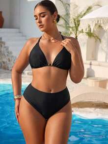 Swim Vcay Women's Size Bikini With Mesh Skirt, Striped Metallic Print Pareo Skirt, Beach And Resort Swimsuit - 黑色 - 查看 4