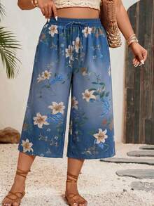SHEIN VCAY Plus Size Women Casual Denim Effect Print Loose 3/4 Pants - Blue - View 3