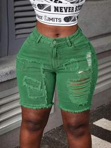 Slaydiva Women's Solid Color Distressed Frayed Hem Slim Fit Denim Shorts, Summer - Green - View 2