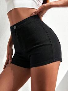 SHEIN ICON Plus Size Women Solid Color High Waist Casual Minimalist Design Daily Versatile Denim Shorts - Black - View 4