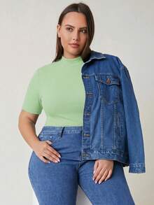 SHEIN BASICS Plus Size Women's Solid Color Casual Round Neck Short Sleeve Knit T-Shirt - Green - View 1
