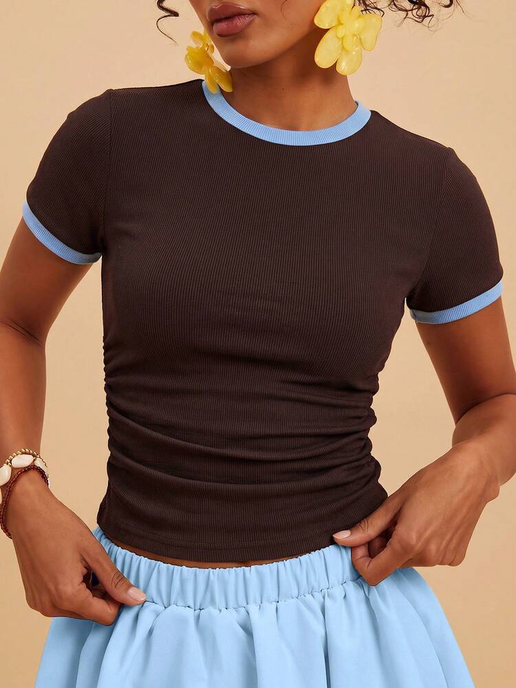 Travachic Women's Contrast Trim Round Neck Fitted Casual Short Sleeve T-Shirt - Khaki - View 6
