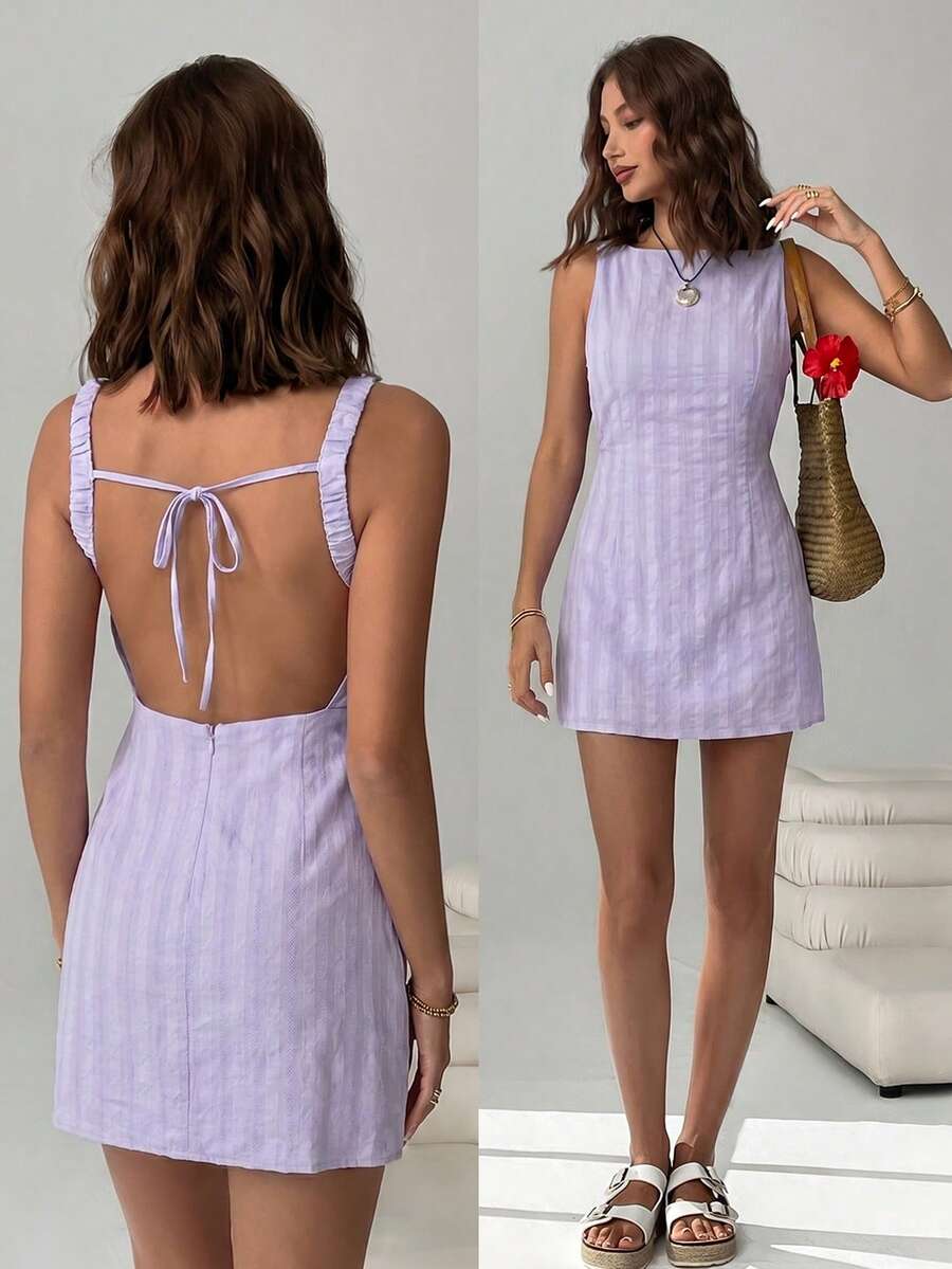 SHEIN EZwear 女士时尚百搭条纹露背性感连衣裙 - 紫丁香色 - 查看 1