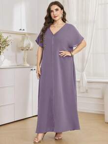 Al Najma Vestido largo de manga corta de unicolor, talla grande, estilo turco y árabe para mujeres - Morado - Ver 4