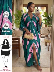 SHEIN CURVE+ Plus Size Women's Vacation Green Plant Print 3/4 Sleeve Dress - Multicolor - View 1