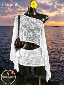 SaltGleam SaltGleam Sexy Tropical White Floral Lace Asymmetrical Design Cover-Up Beach Vacation Autumn - White - View 1