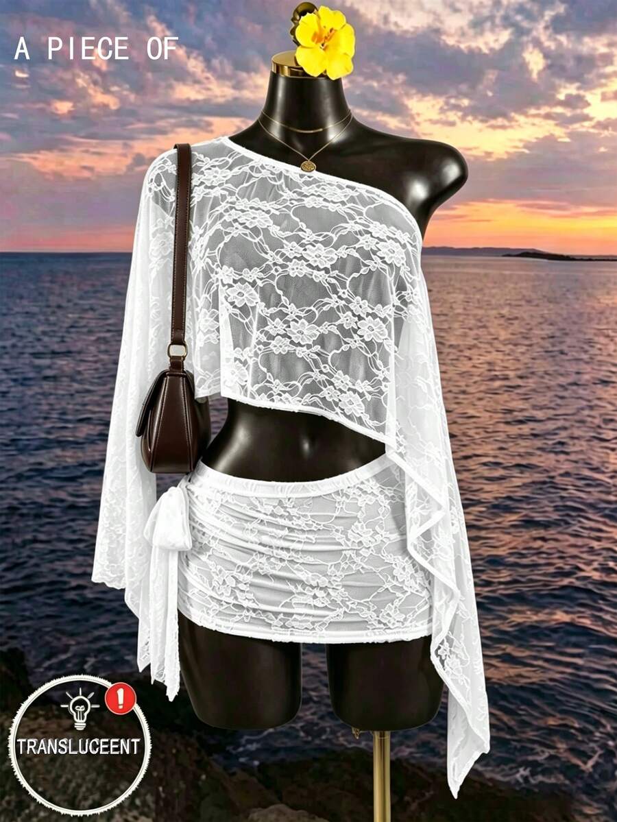 SaltGleam SaltGleam Sexy Tropical White Floral Lace Asymmetrical Design Cover-Up Beach Vacation Autumn - White - View 1