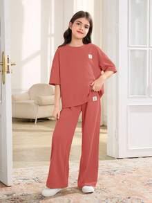 SHEIN 少女宽松休闲舒适圆领短袖T恤和裤子两件套 - 粉色 - 查看 6