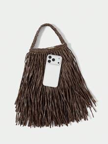 SHECARRY Ladies, Women Top Handle Bags , Fashionable, Simple, Elegant, Versatile, Straw,Tassel,For Beach,Vacation,Holiday,Summer, Seaside - Coffee Brown - View 5