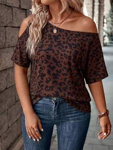 Casual Vintage Leopard Print Off-Shoulder Loose T-Shirt, Plus Size - Multicolor - View 4